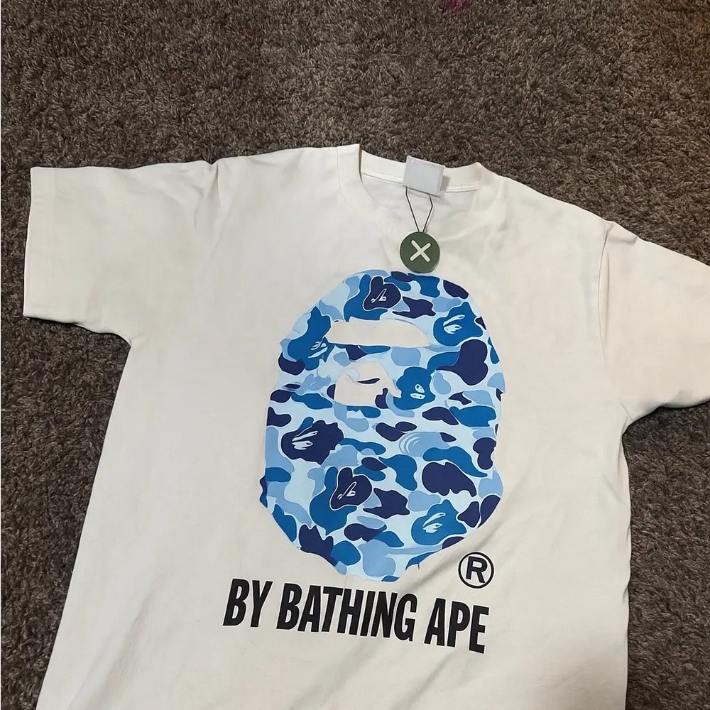 Bape White T-Shirt with Blue Camo Ape Design
